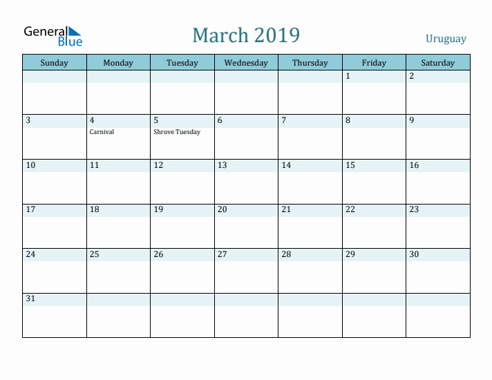 March 2019 Calendar with Holidays