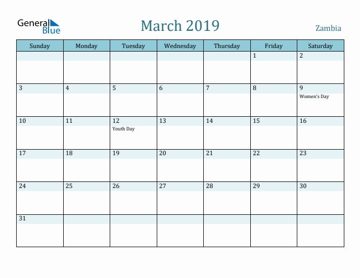 March 2019 Calendar with Holidays