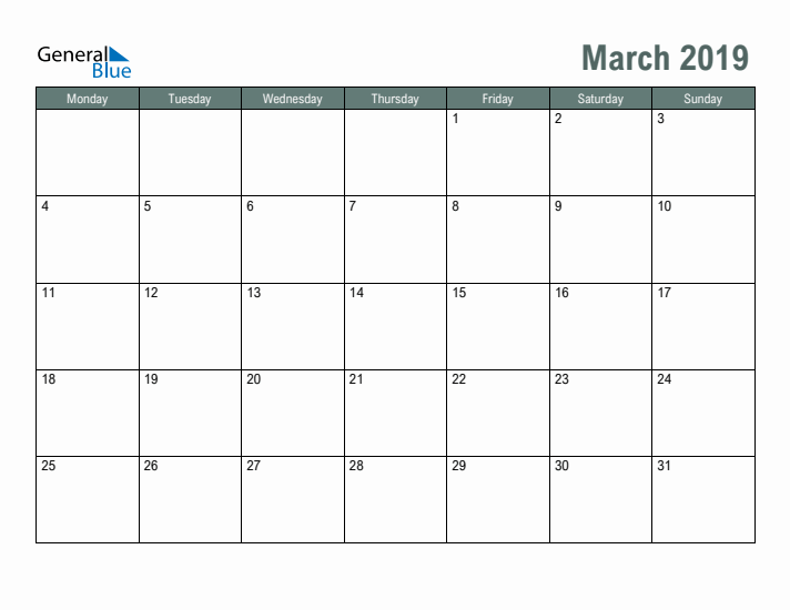 Free Printable March 2019 Calendar