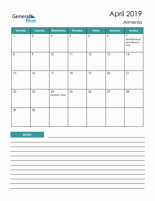 Calendar with Notes Printable - Monday Start