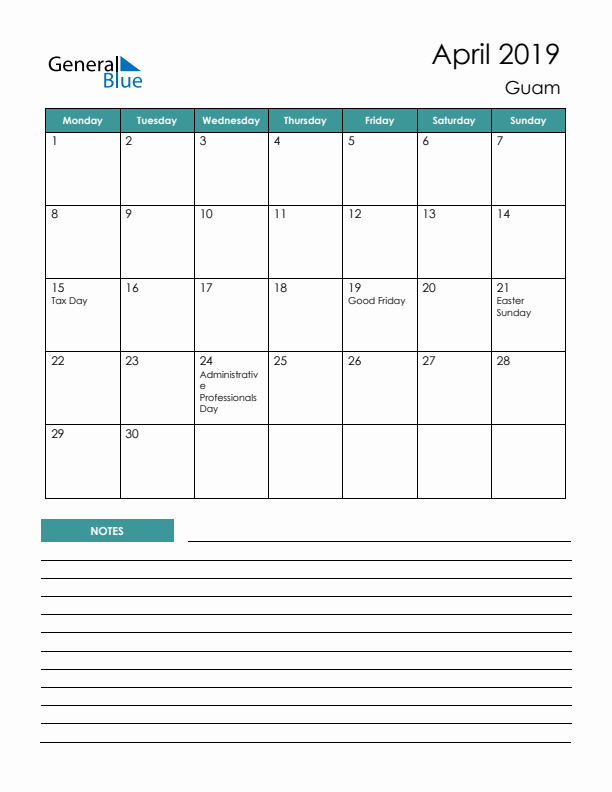 Calendar with Notes Printable - Monday Start