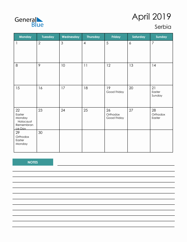 Calendar with Notes Printable - Monday Start