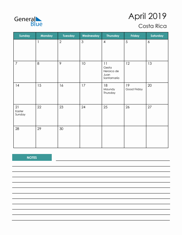 Calendar with Notes Printable - Sunday Start