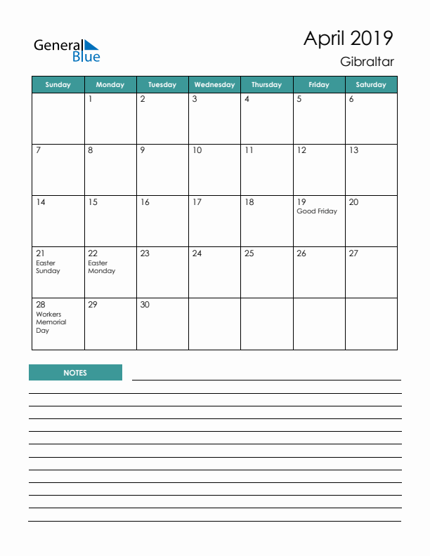 Calendar with Notes Printable - Sunday Start