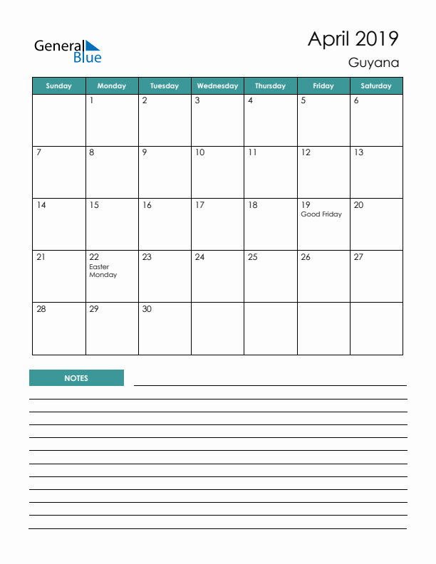 Calendar with Notes Printable - Sunday Start