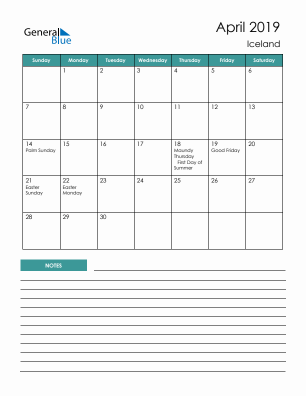 Calendar with Notes Printable - Sunday Start