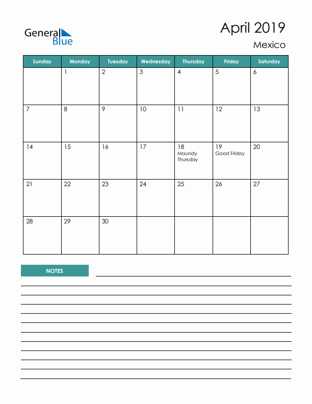 Calendar with Notes Printable - Sunday Start