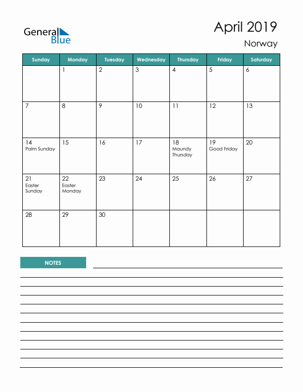 Calendar with Notes Printable - Sunday Start