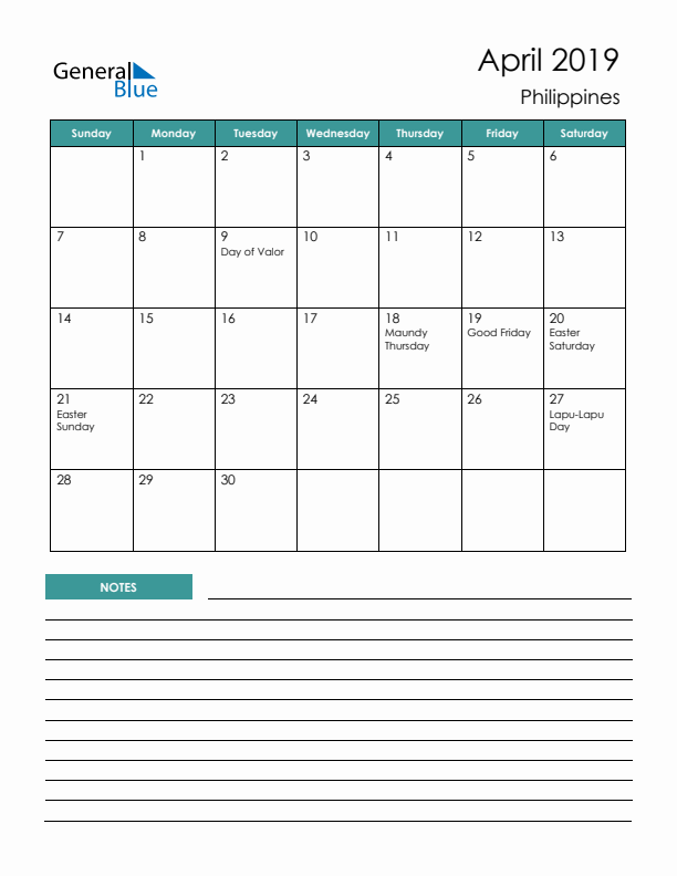 Calendar with Notes Printable - Sunday Start