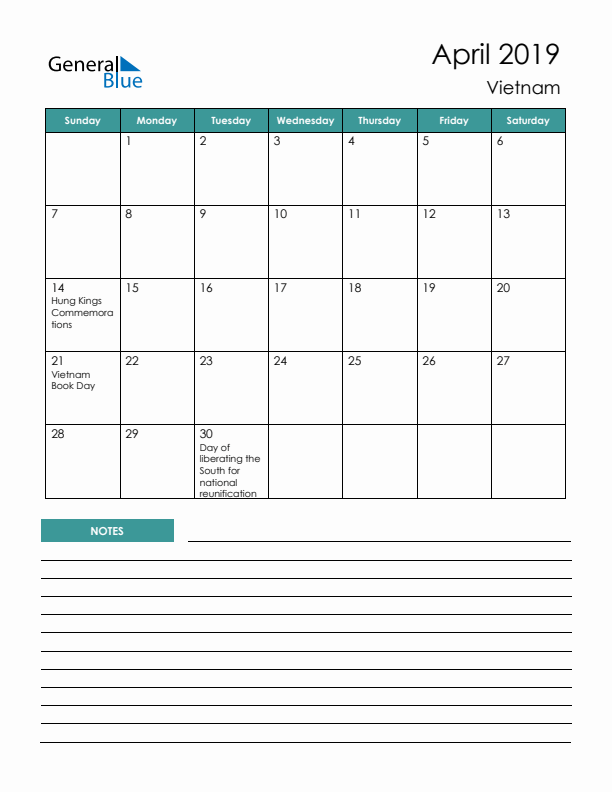 Calendar with Notes Printable - Sunday Start