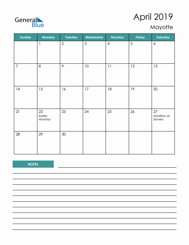 Calendar with Notes Printable - Sunday Start