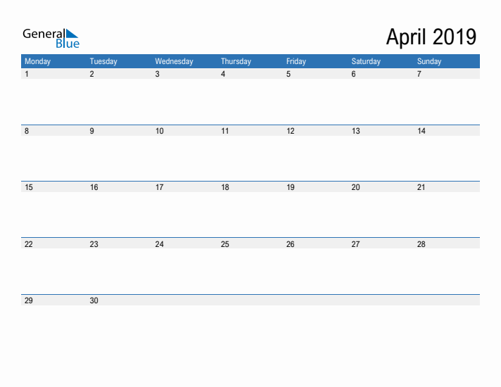 Fillable Calendar for April 2019