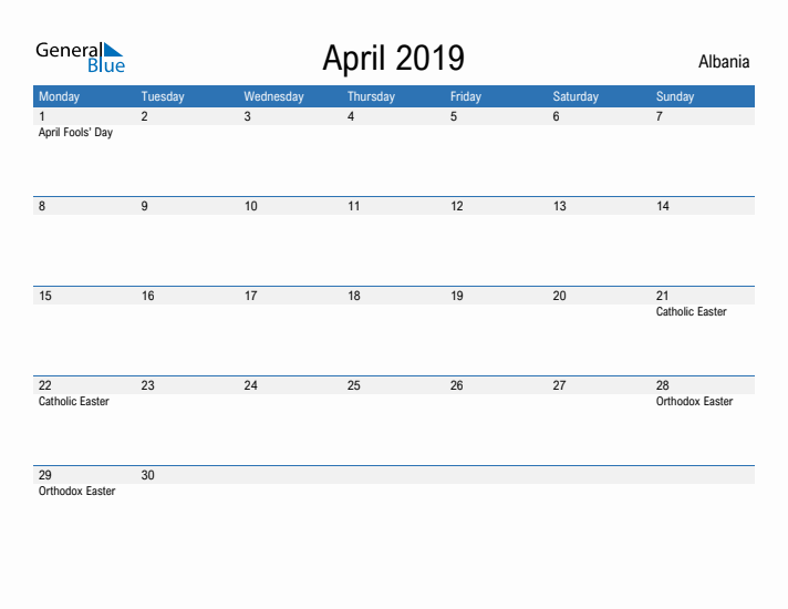 Fillable April 2019 Calendar