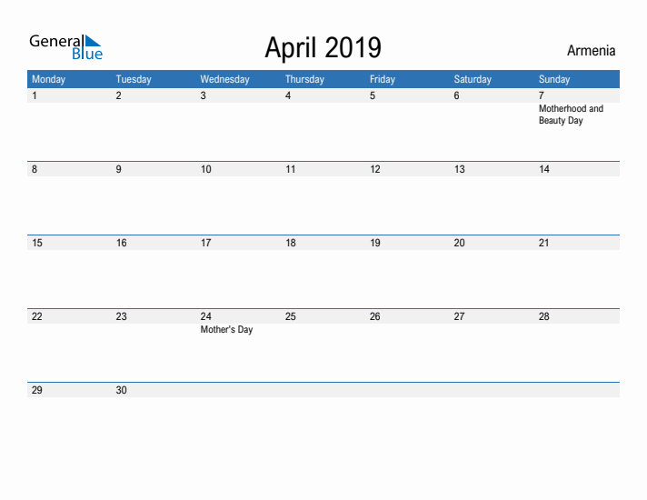 Fillable April 2019 Calendar