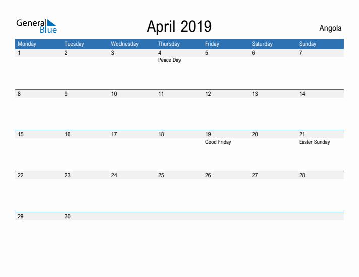 Fillable April 2019 Calendar