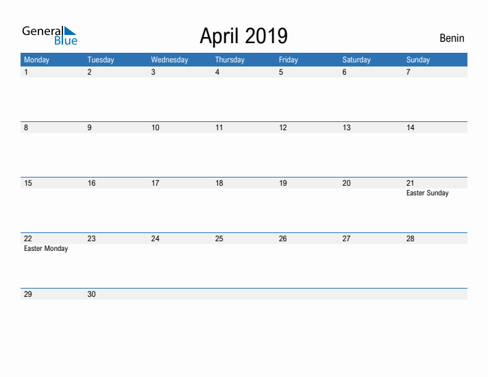 Fillable April 2019 Calendar