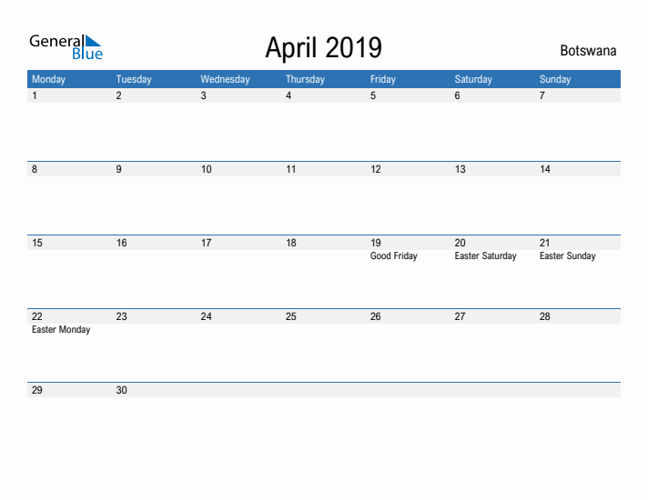 Fillable April 2019 Calendar