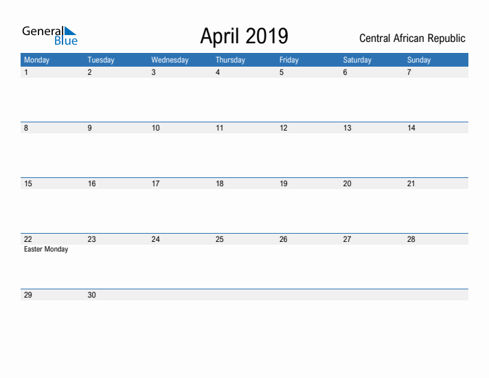 Fillable April 2019 Calendar