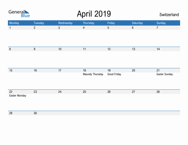 Fillable April 2019 Calendar