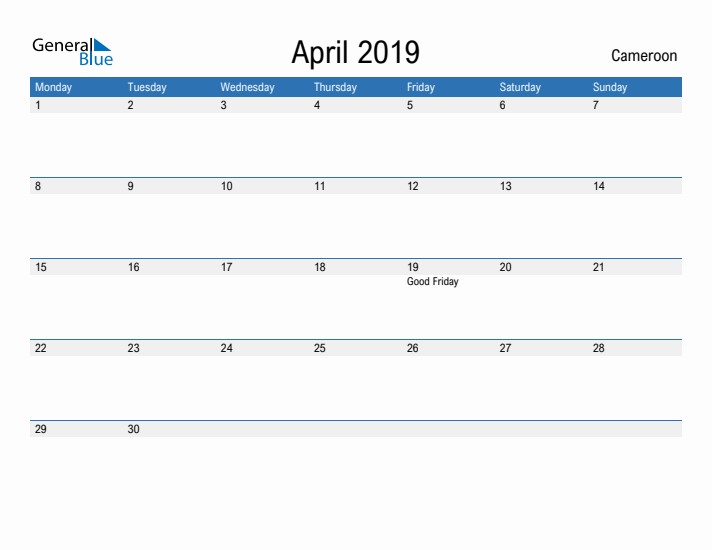 Fillable April 2019 Calendar