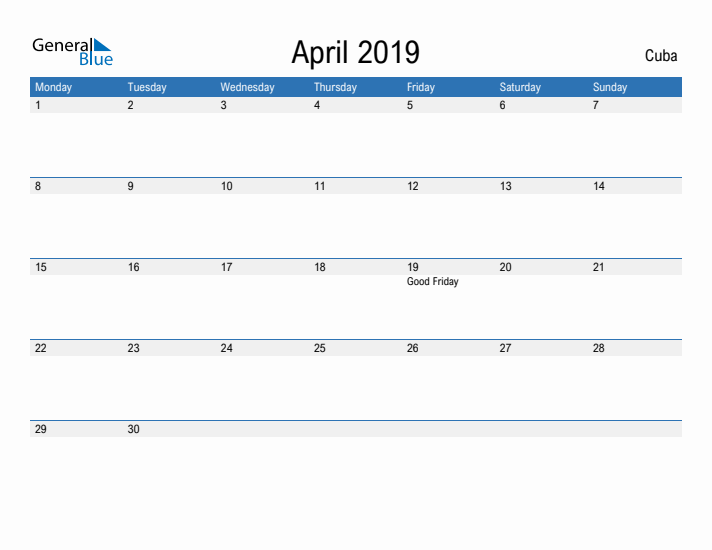 Fillable April 2019 Calendar