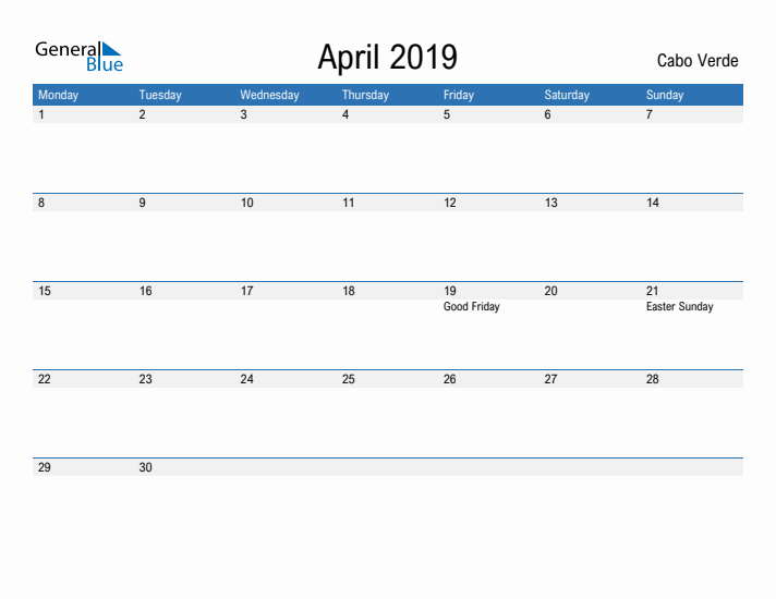 Fillable April 2019 Calendar