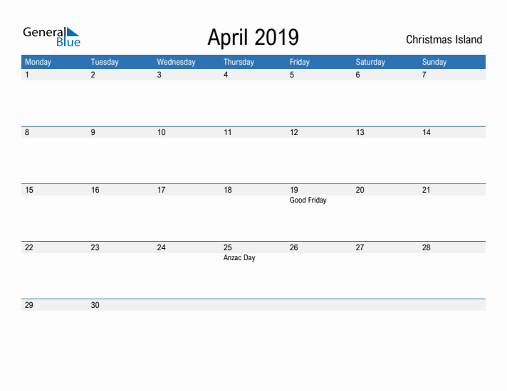 Fillable April 2019 Calendar