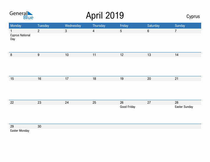 Fillable April 2019 Calendar