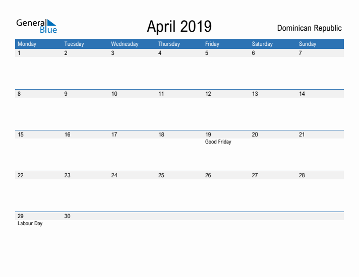 Fillable April 2019 Calendar