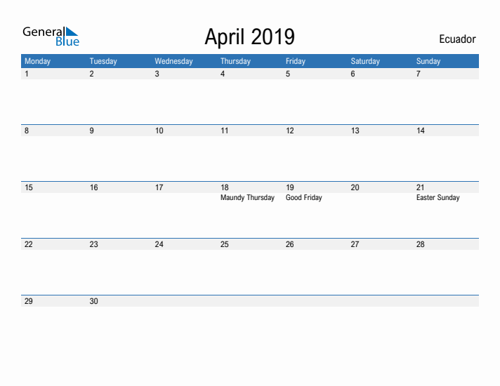 Fillable April 2019 Calendar