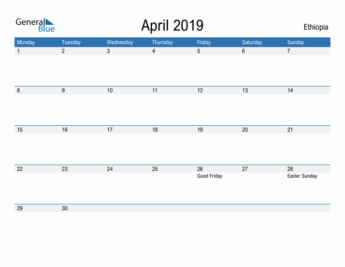 Fillable April 2019 Calendar