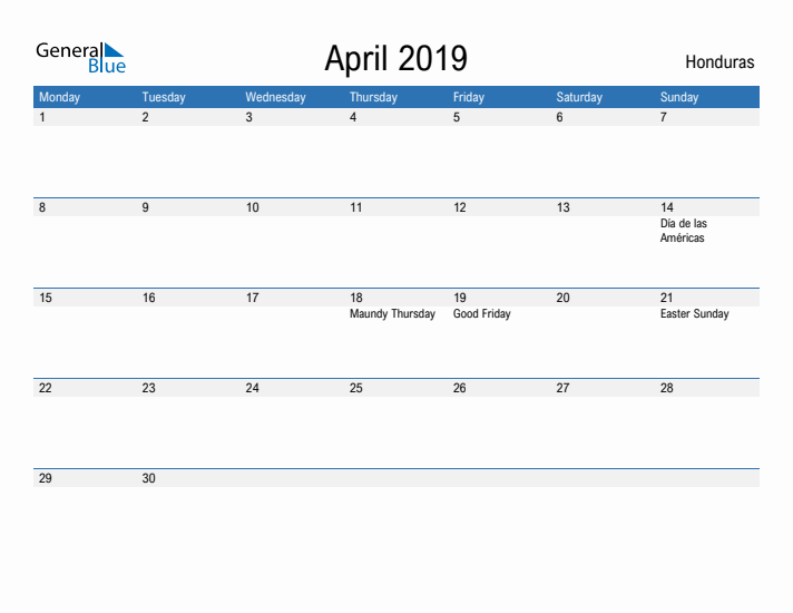 Fillable April 2019 Calendar