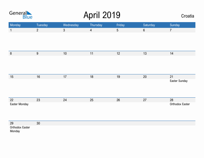 Fillable April 2019 Calendar