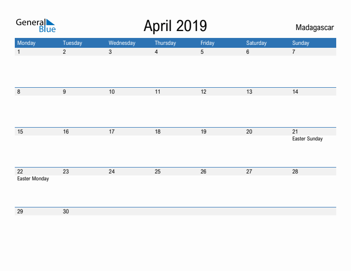 Fillable April 2019 Calendar