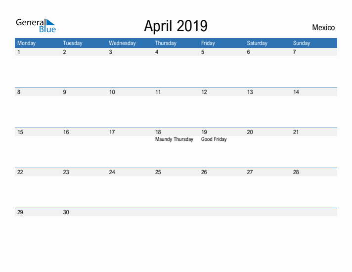 Fillable April 2019 Calendar