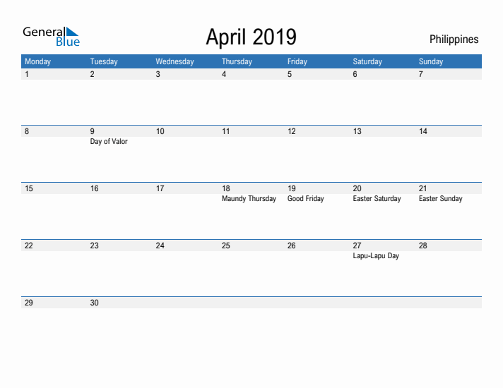 Fillable April 2019 Calendar