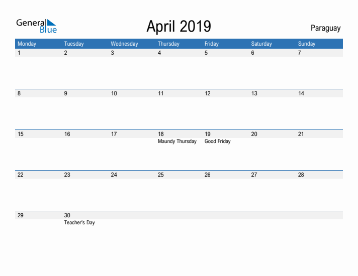 Fillable April 2019 Calendar