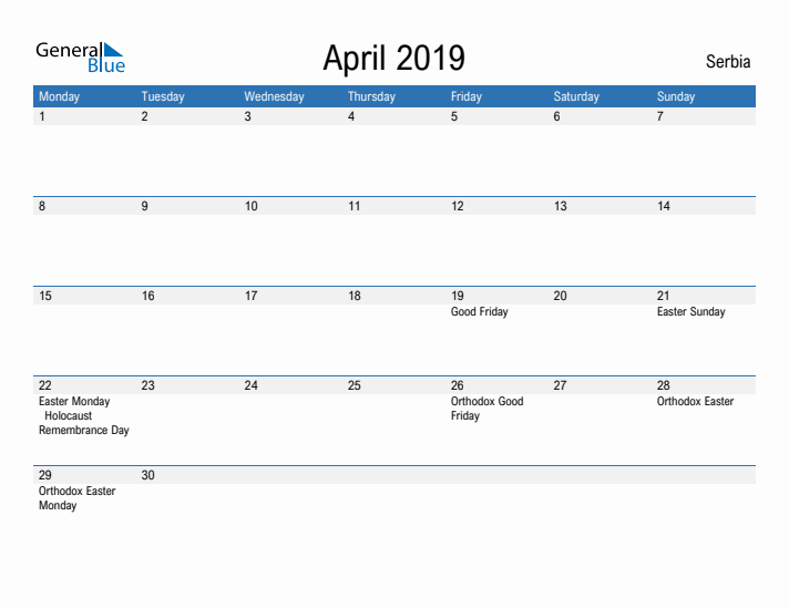 Fillable April 2019 Calendar