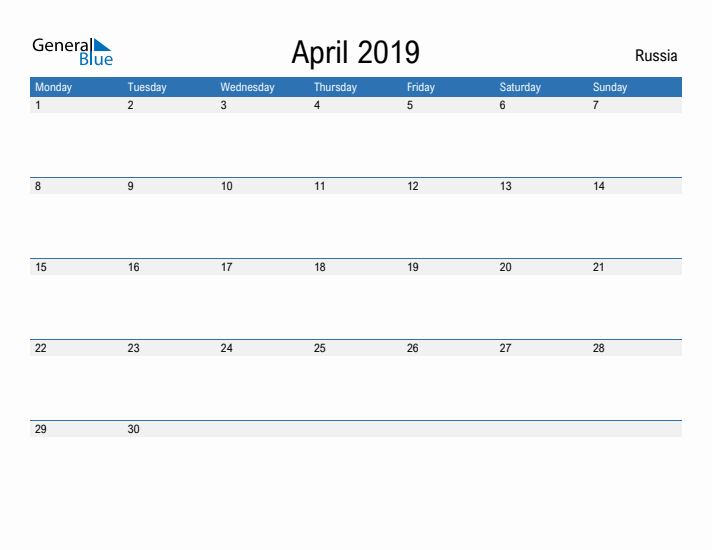 Fillable April 2019 Calendar