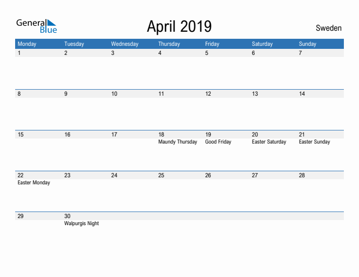 Fillable April 2019 Calendar