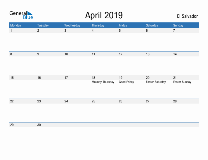 Fillable April 2019 Calendar