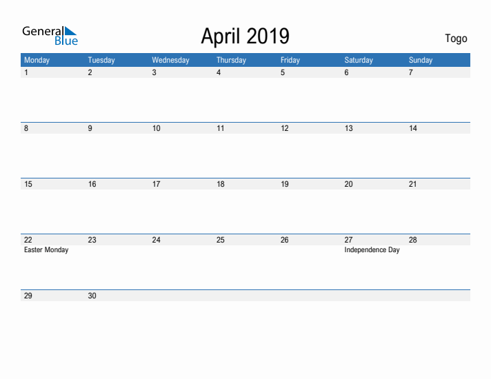 Fillable April 2019 Calendar