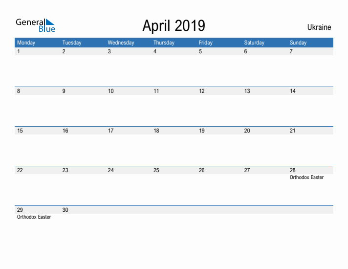 Fillable April 2019 Calendar