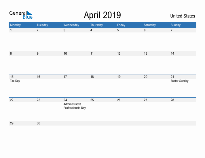 Fillable April 2019 Calendar