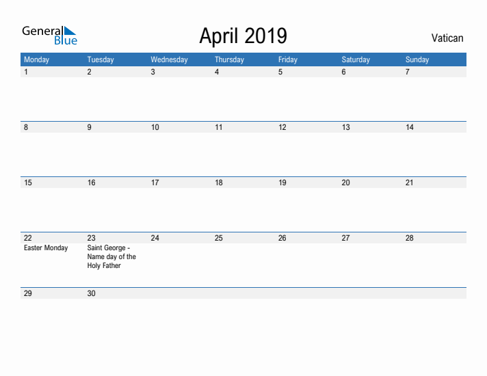 Fillable April 2019 Calendar