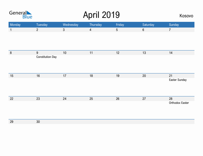 Fillable April 2019 Calendar