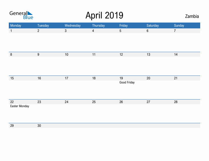 Fillable April 2019 Calendar