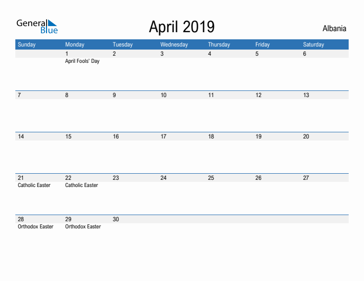 Fillable April 2019 Calendar