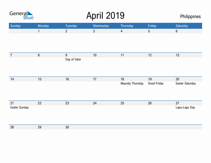 Fillable April 2019 Calendar