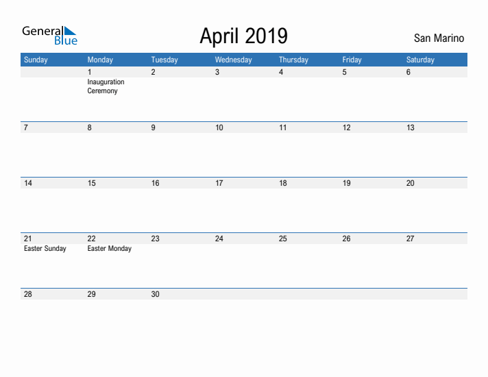 Fillable April 2019 Calendar